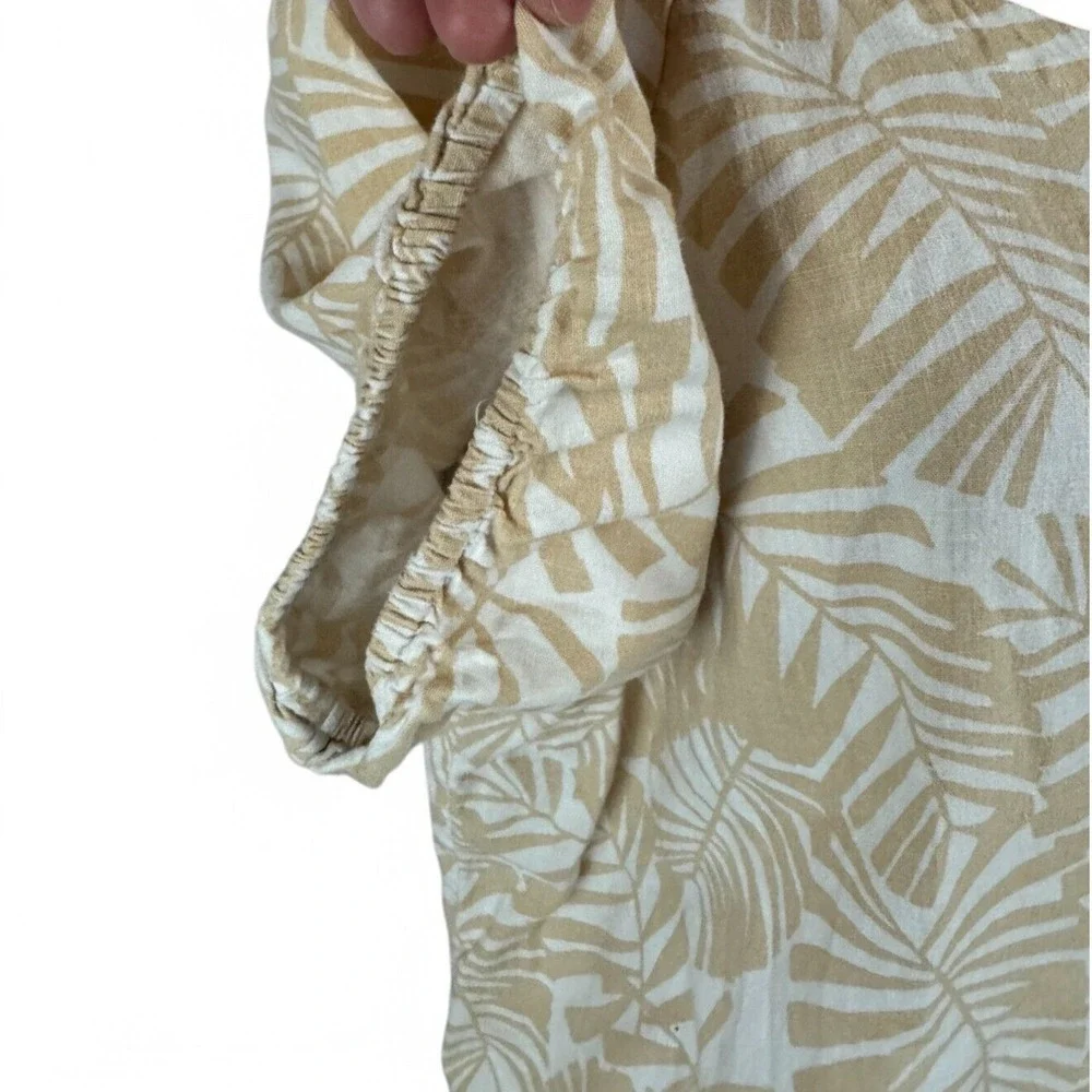 Ann Taylor Loft Womens Sz XL Linen Top Tropical Print Tan Cream Puff Sleeve‎